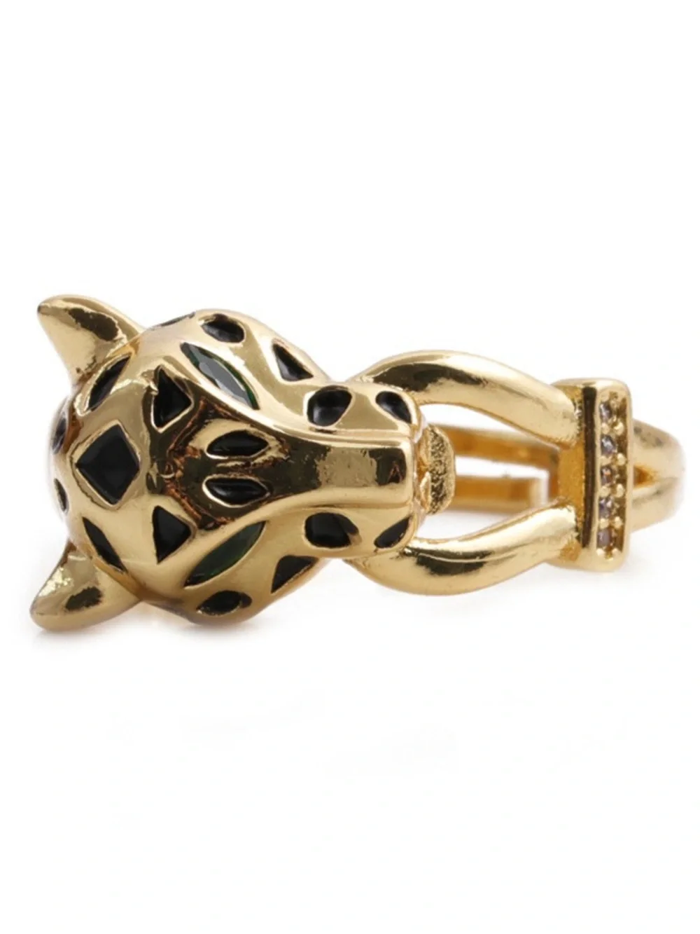 Gold Cat Head Statement Adjustable Ring with Black Enamel Accents